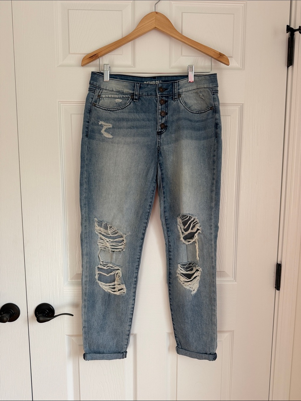 REWASH Distressed Button Fly Skinny Mom Jeans Size 9/29 Light Wash Denim